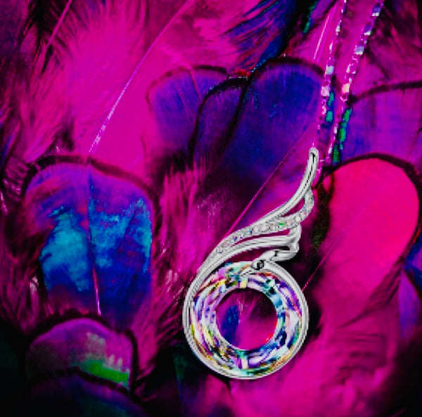 Swarovski Crystal Circle Vol and Aurora face, Authenic women's irredescent swirl gem stone crystal necklace with rainbow colors.